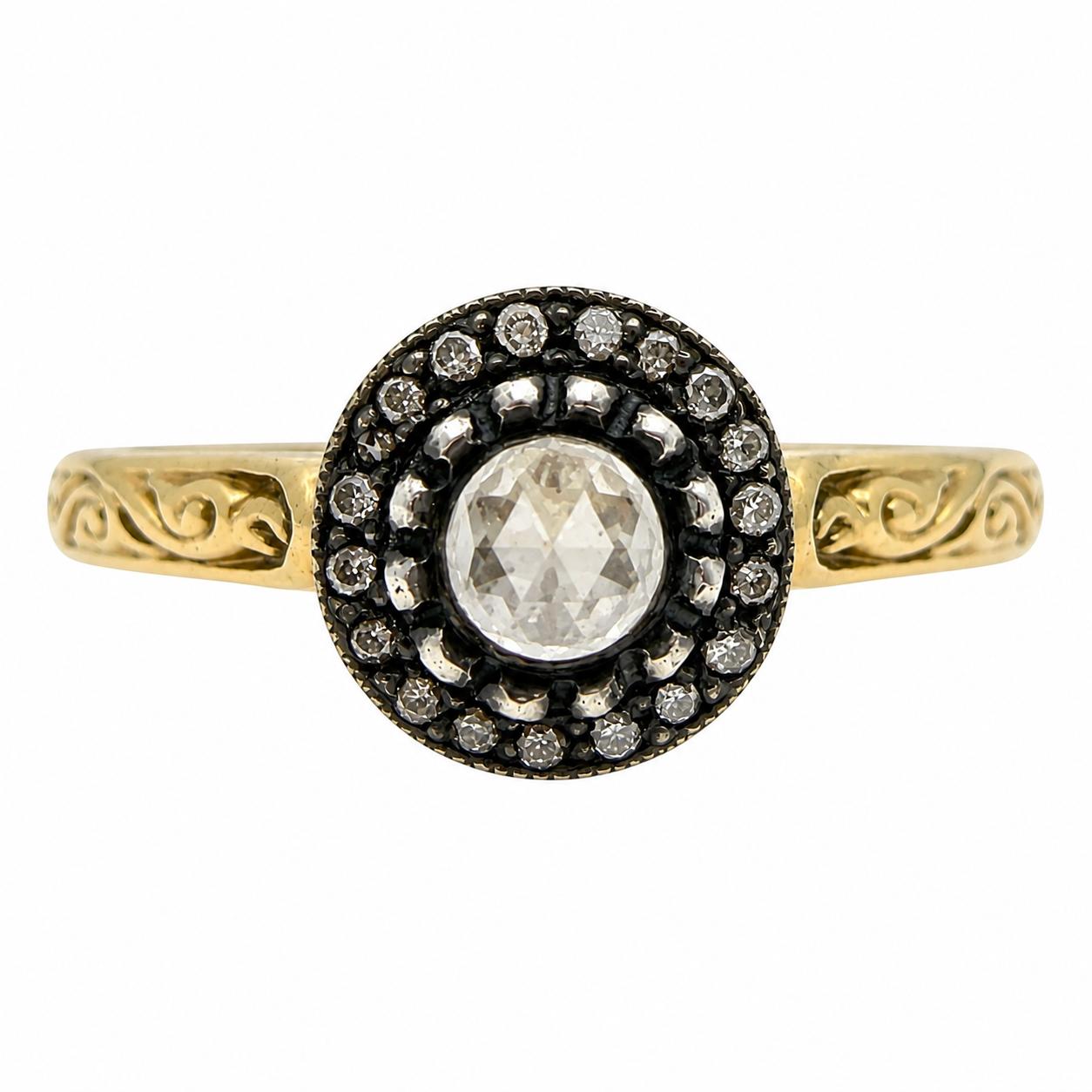 18K Yellow Gold With Silver Top .14 Carat Rose Cut Diamond Ring - Size 7