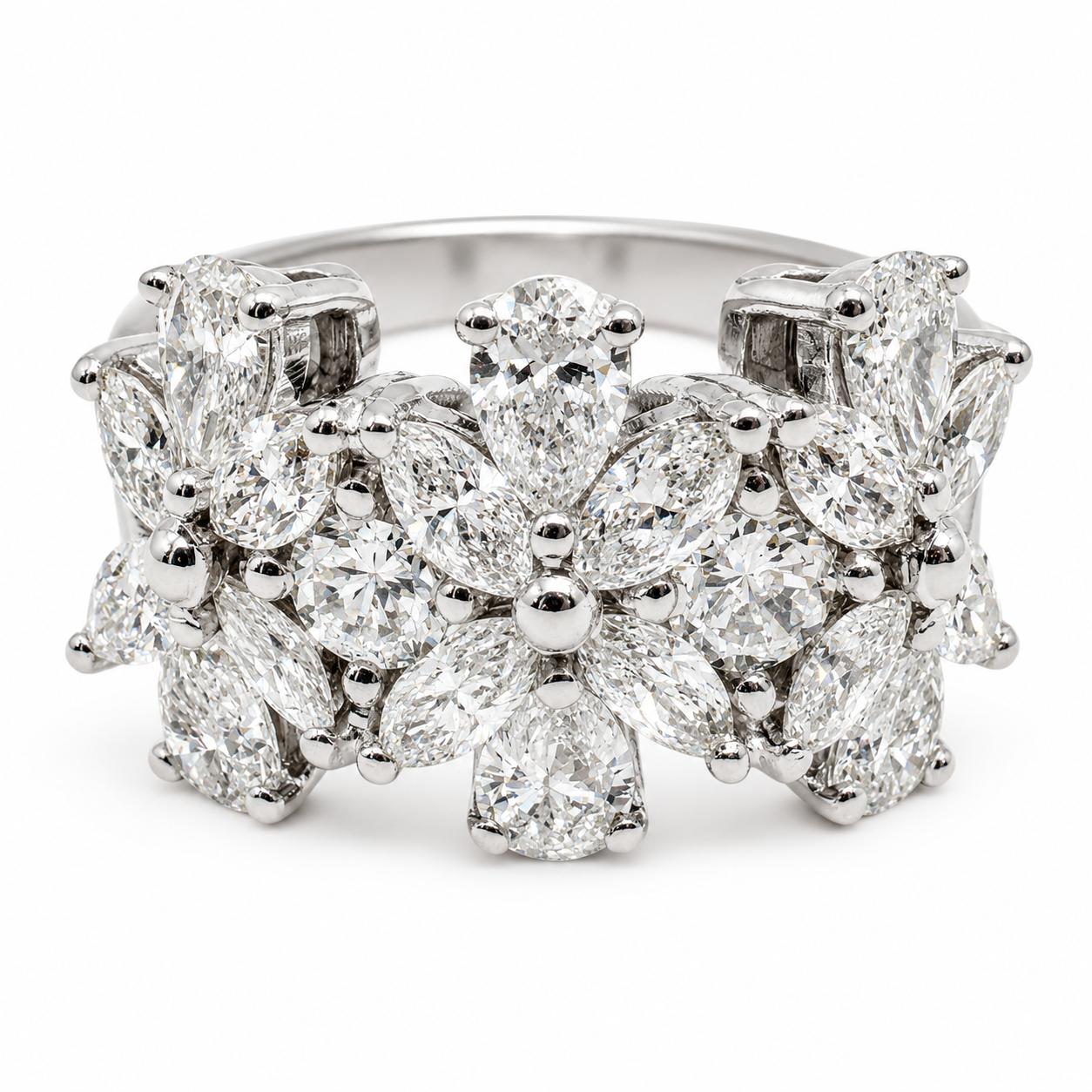 18K White Gold 2.05 Carat Marquise and Pear Cut Diamond Wide Band Ring