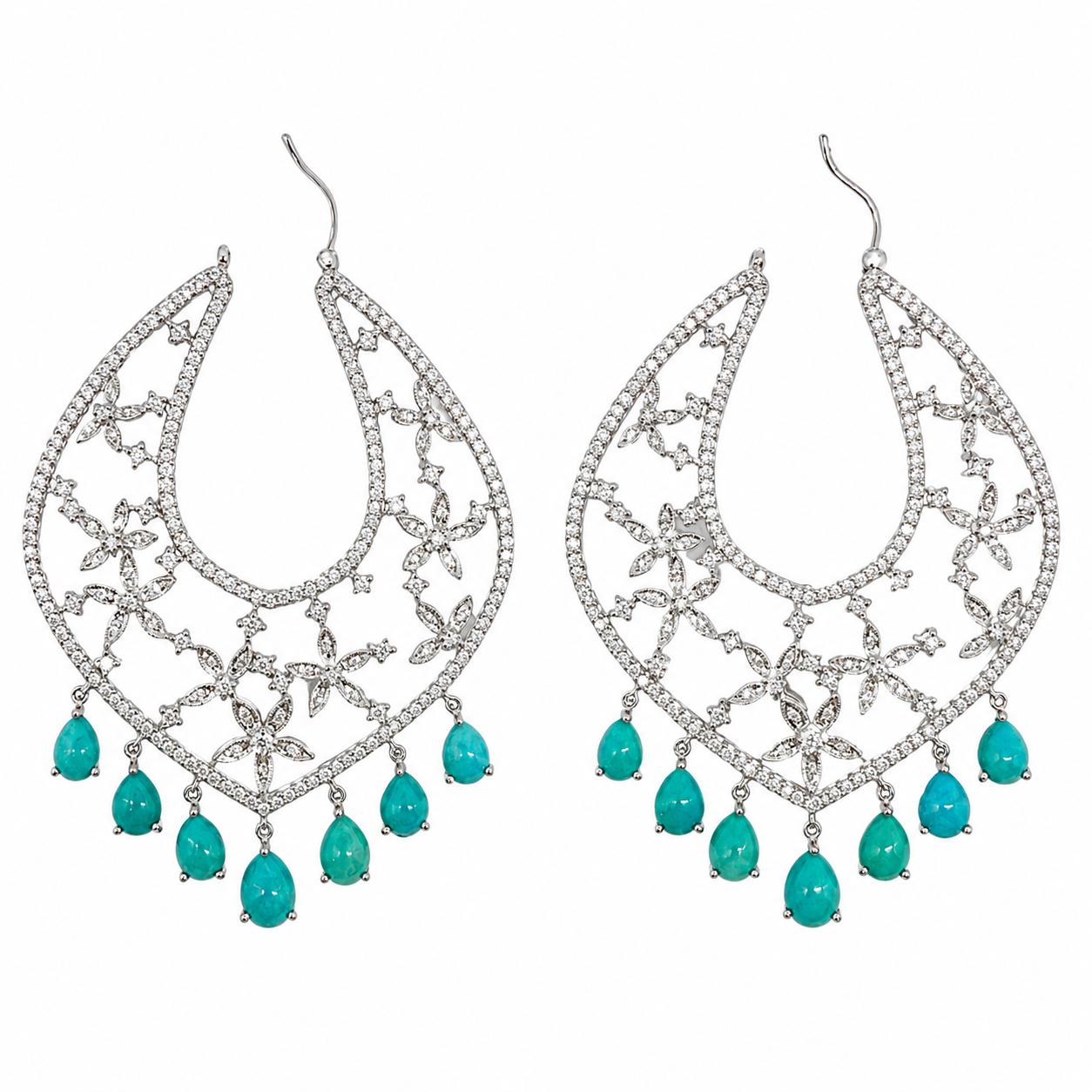 18K 7.23 Carat Persian Turquoise and Diamond Chandelier Earrings