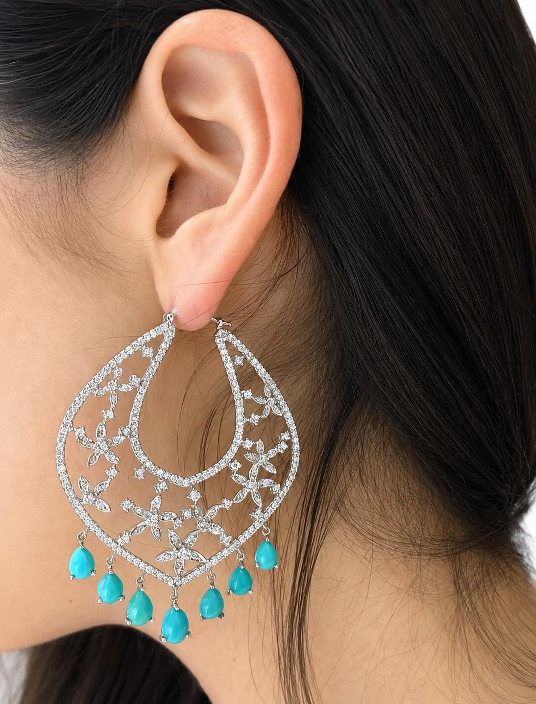18K 7.23 Carat Persian Turquoise and Diamond Chandelier Earrings