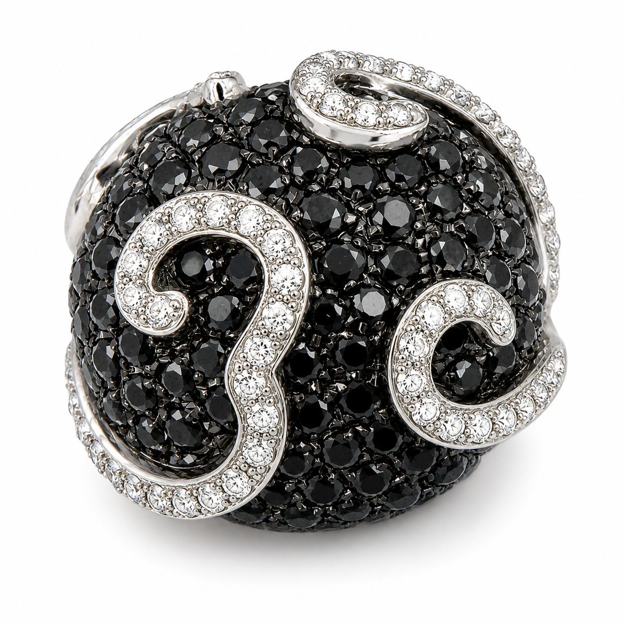 18K White Gold 2.86 Carat Black and White Diamond Cocktail Swirl Ring