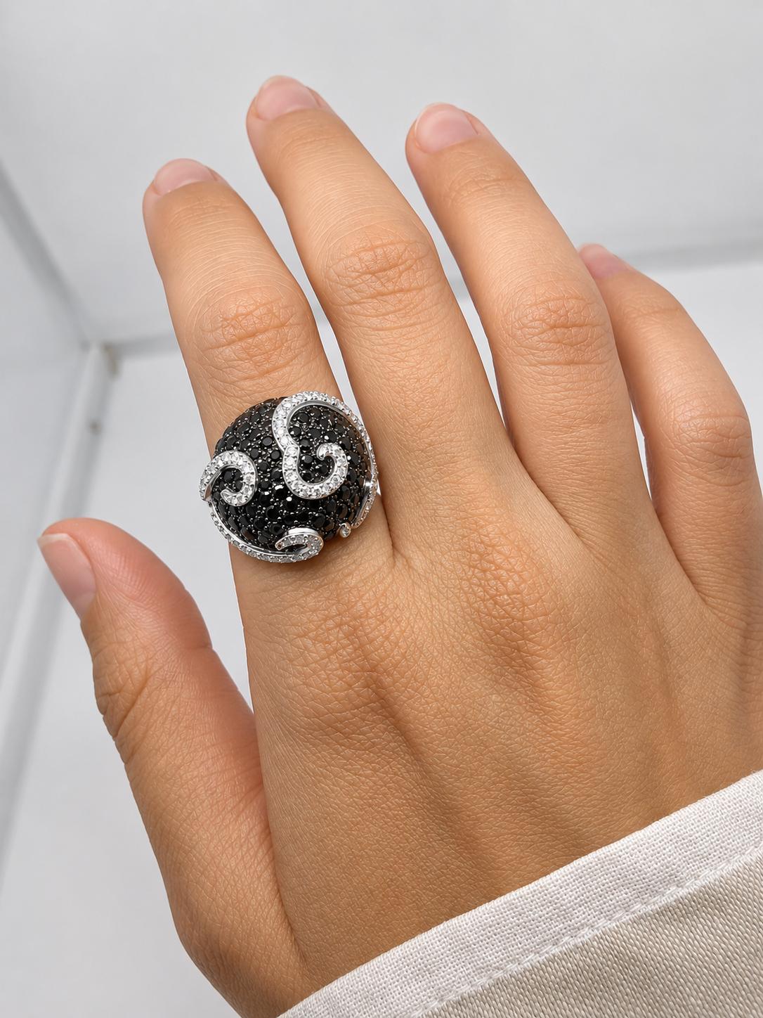 18K White Gold 2.86 Carat Black and White Diamond Cocktail Swirl Ring