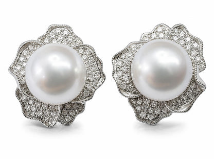 18k White Gold 1.52 Carat Diamond and Pearl Flower Earrings