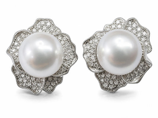 18k White Gold 1.52 Carat Diamond and Pearl Flower Earrings