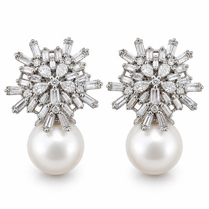 18K White Gold 3.88 Carat Baguette and Pear Cut Diamond and Pearl Earrings