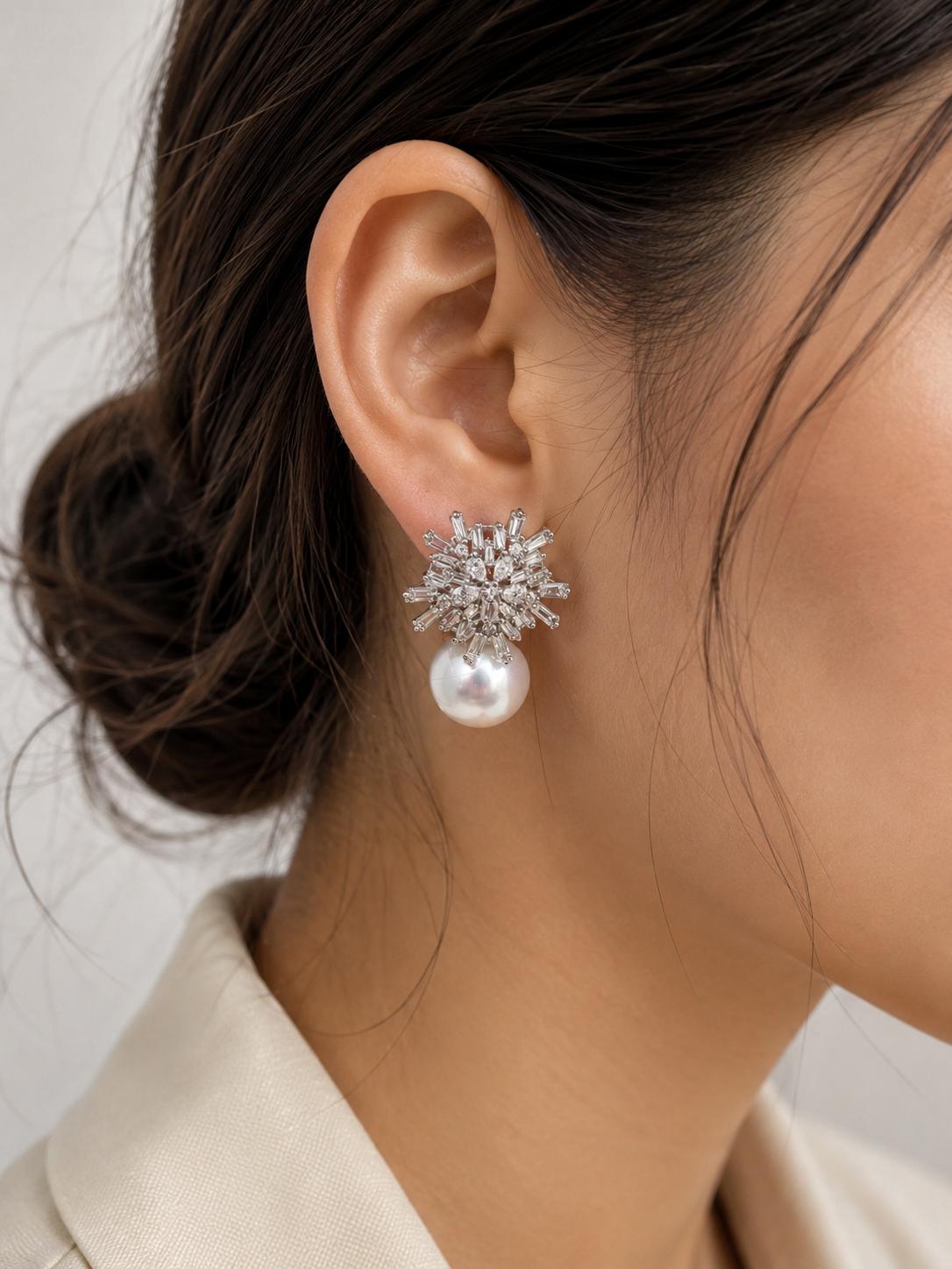 18K White Gold 3.88 Carat Baguette and Pear Cut Diamond and Pearl Earrings