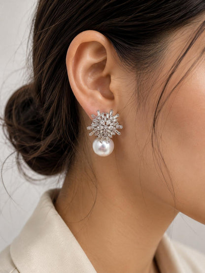 18K White Gold 3.88 Carat Baguette and Pear Cut Diamond and Pearl Earrings