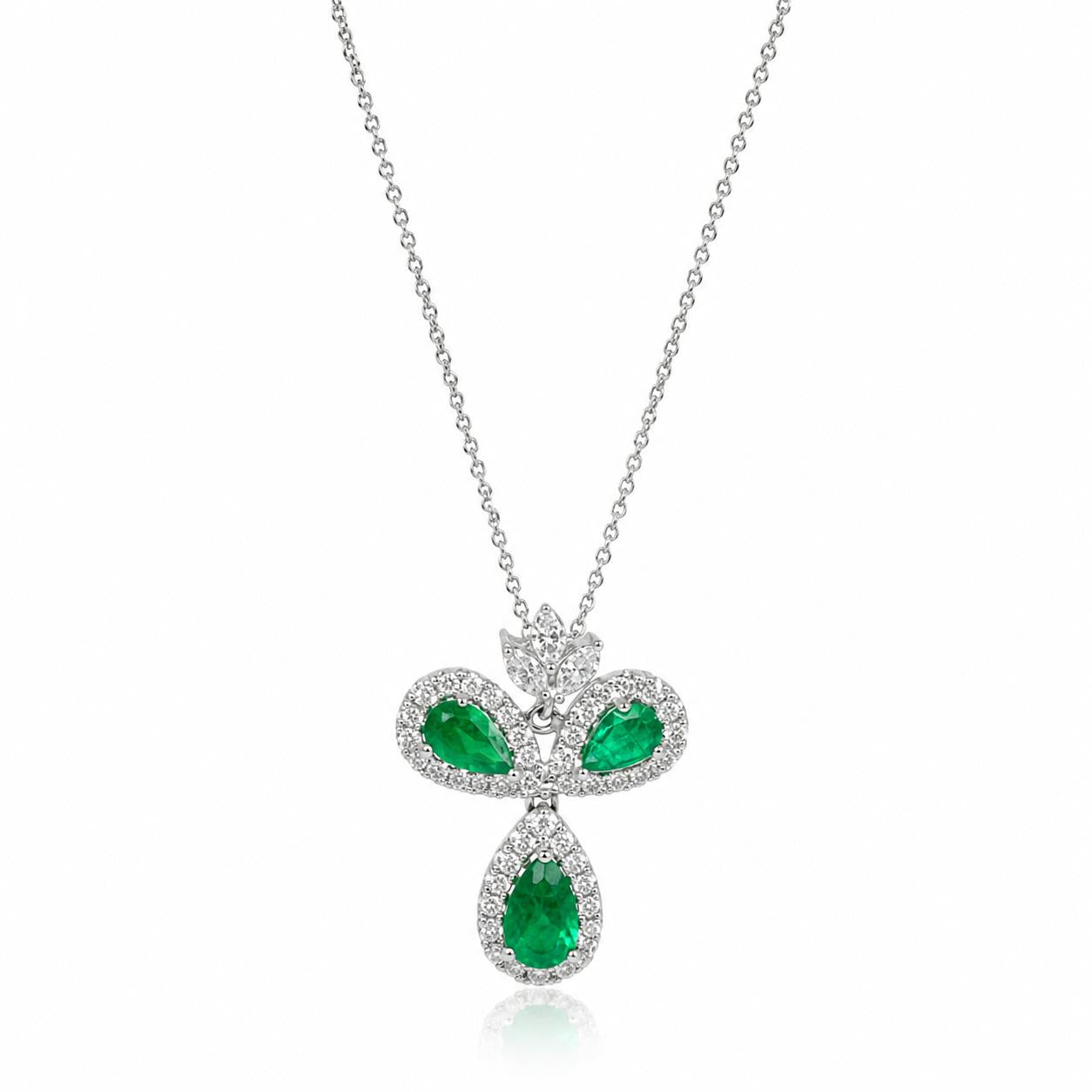 18K White Gold 1.79 Carat Pear Cut Emerald and Diamond Pendant Necklace