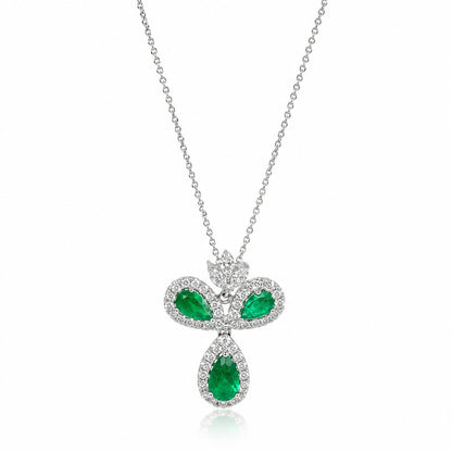 18K White Gold 1.79 Carat Pear Cut Emerald and Diamond Pendant Necklace