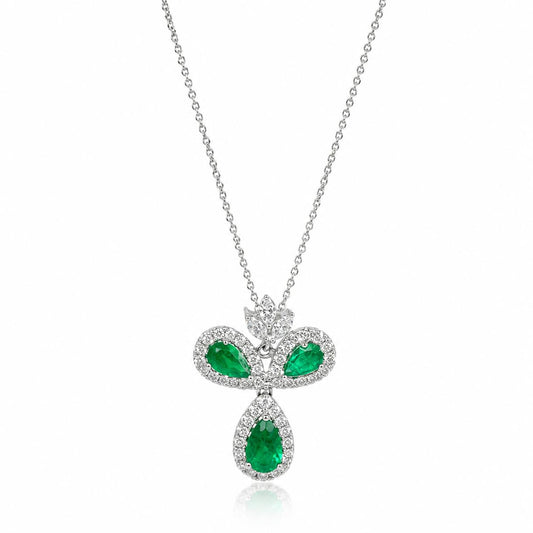 18K White Gold 1.79 Carat Pear Cut Emerald and Diamond Pendant Necklace