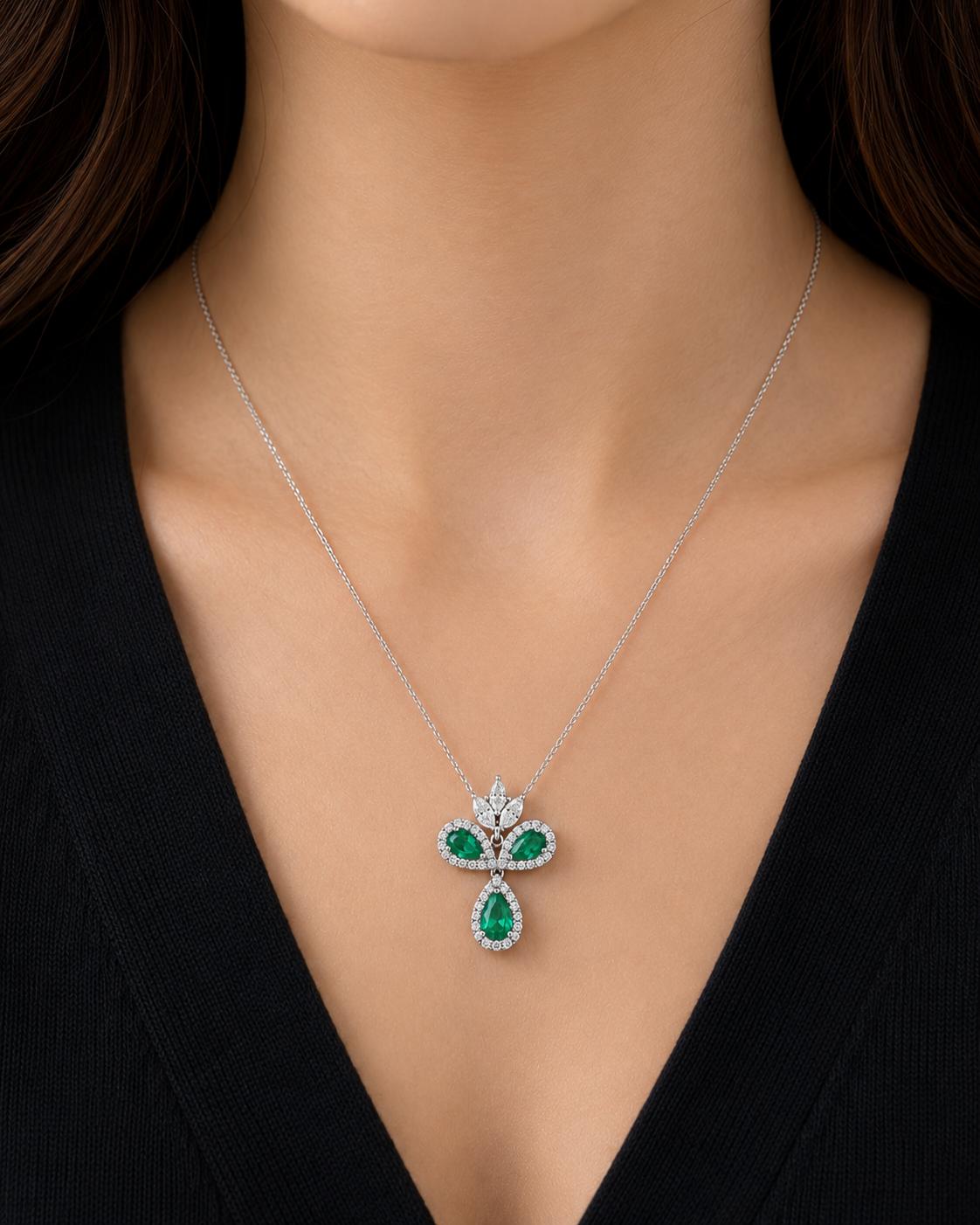 18K White Gold 1.79 Carat Pear Cut Emerald and Diamond Pendant Necklace