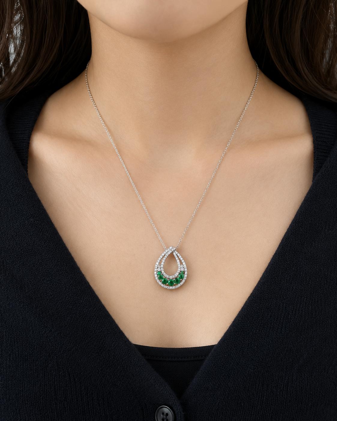 18K White Gold .53 Carat Emerald and Diamond Pendant Necklace