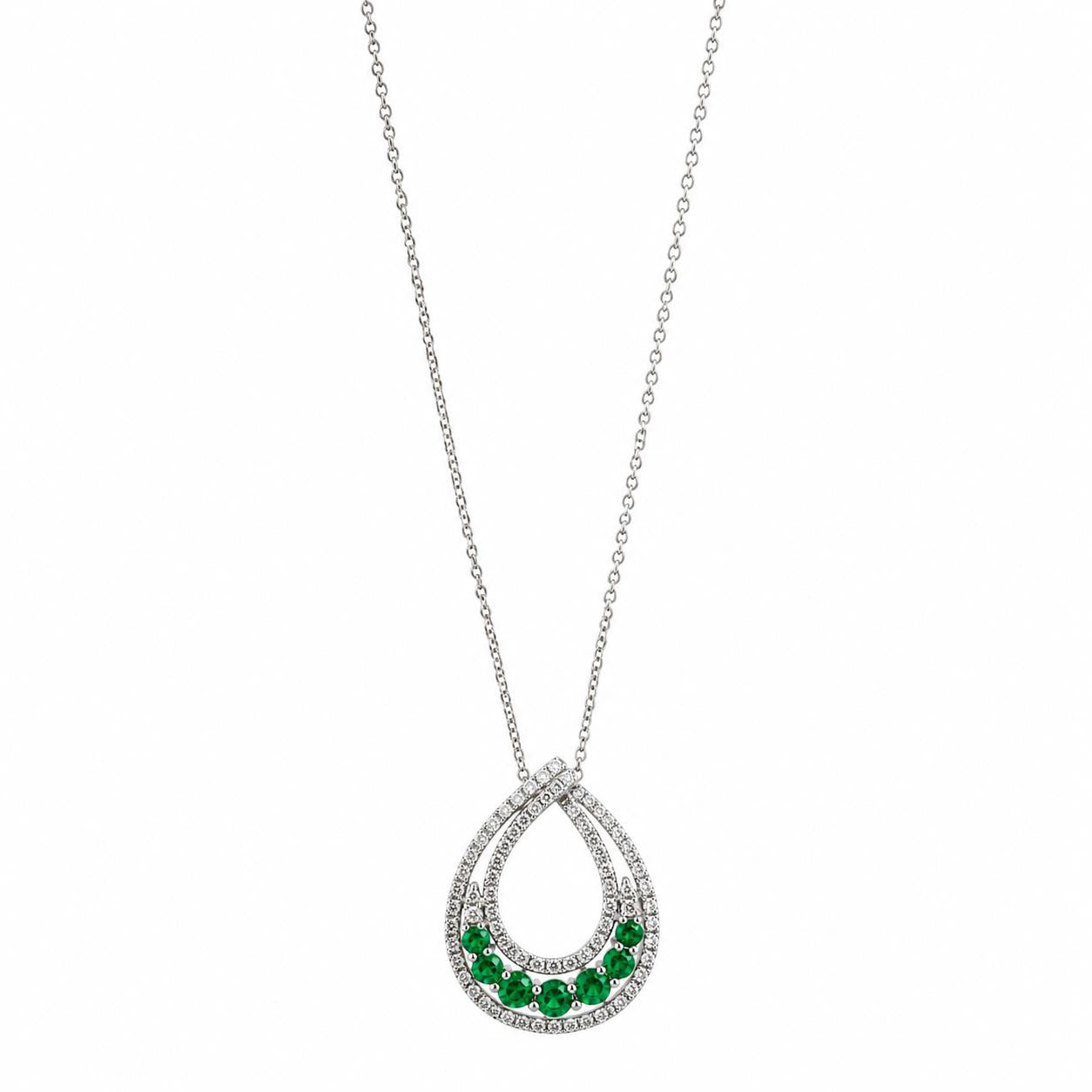 18K White Gold .53 Carat Emerald and Diamond Pendant Necklace