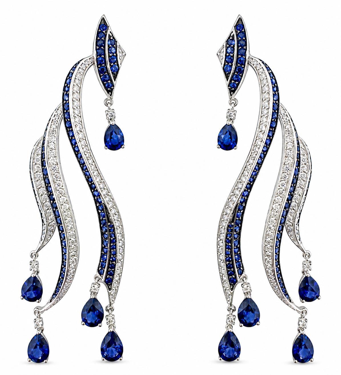 Bold 18K White Gold Diamond and Pear Cut Sapphire Flowing Casade Earrings