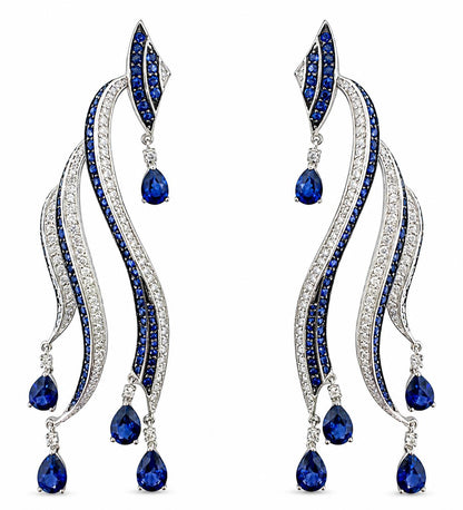 Bold 18K White Gold Diamond and Pear Cut Sapphire Flowing Casade Earrings