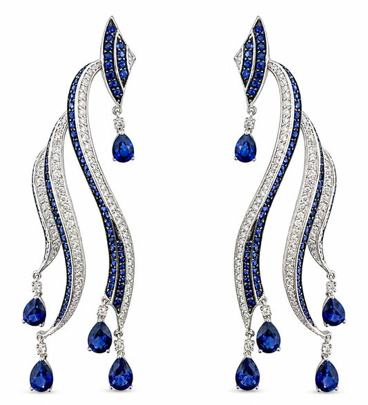 Bold 18K White Gold Diamond and Pear Cut Sapphire Flowing Casade Earrings