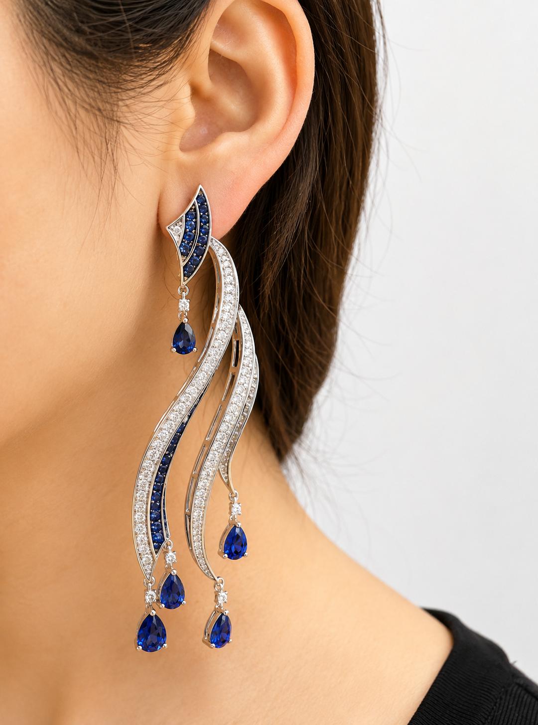 Bold 18K White Gold Diamond and Pear Cut Sapphire Flowing Casade Earrings