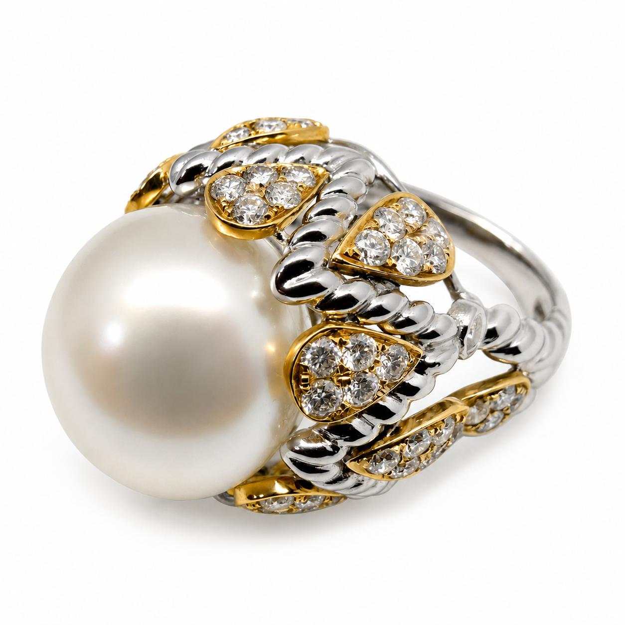 18K Two Tone Diamond and Pearl Cocktail Ring - Size 7