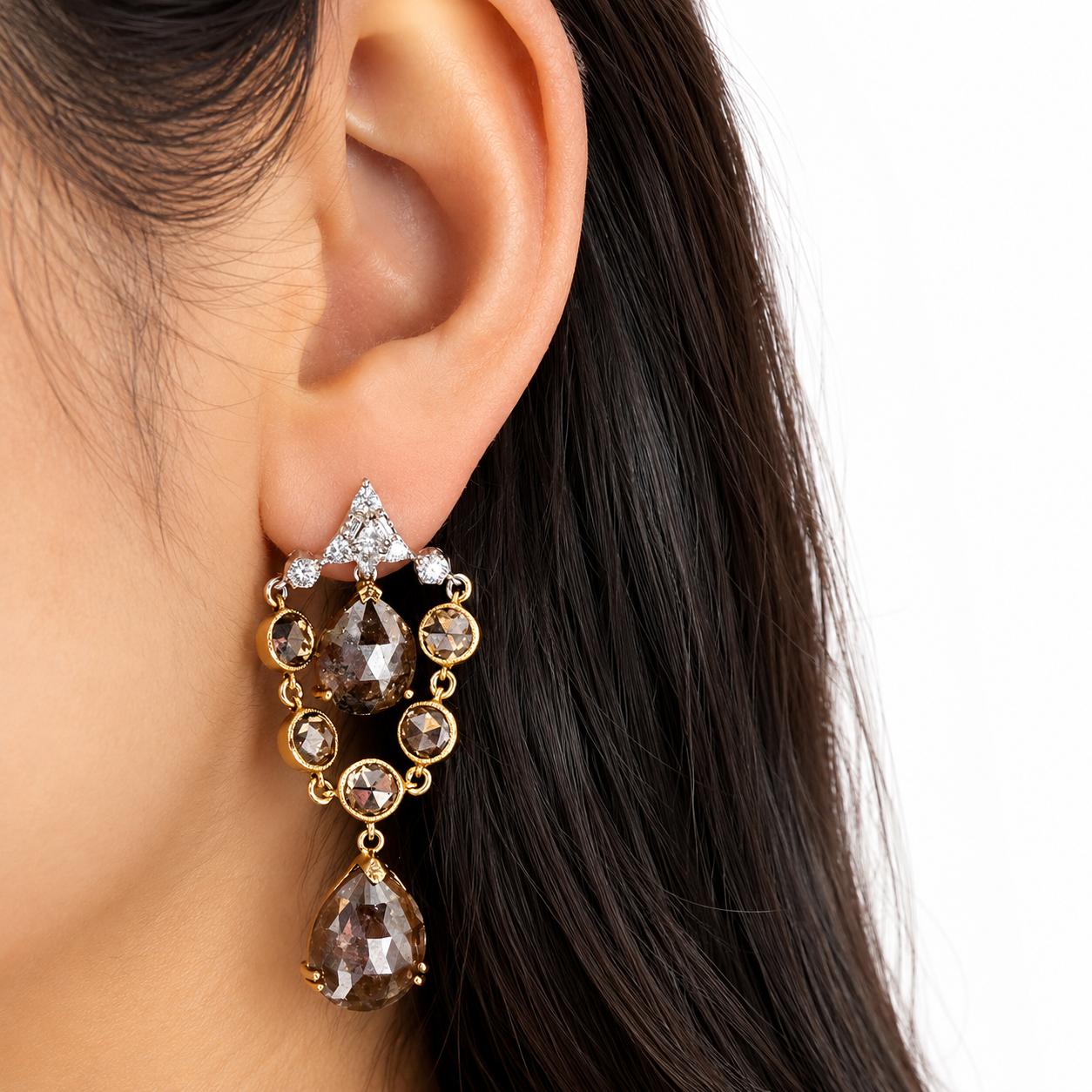 Vintage Inspired 18K Two Tone White and Brown Rose Cut Diamond Drop Earrings