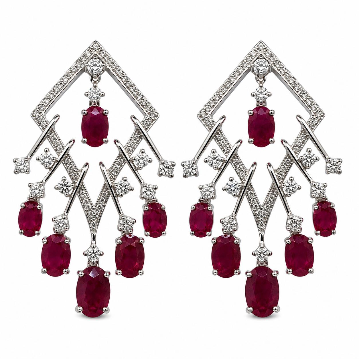 18K White Gold 7.20 Carat Oval Ruby and Diamond Earrings