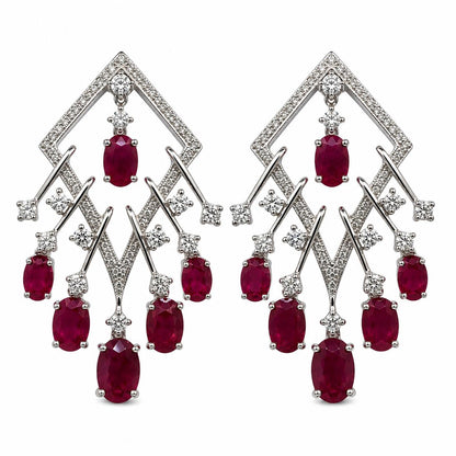 18K White Gold 7.20 Carat Oval Ruby and Diamond Earrings