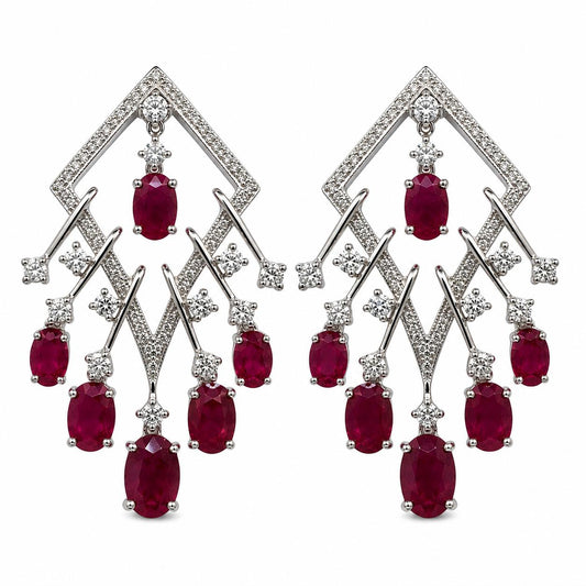18K White Gold 7.20 Carat Oval Ruby and Diamond Earrings