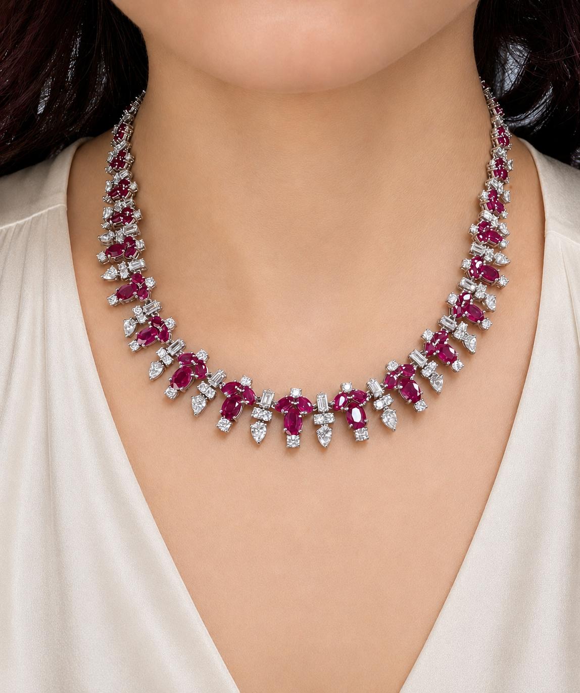 Beautiful 18K White Gold 19.28 Carat Ruby and Diamond Necklace