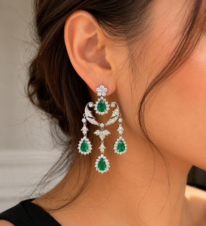 Vintage Inspired 18K 5.93 Carat Pear Cut Emerald and Diamond Drop Earrings