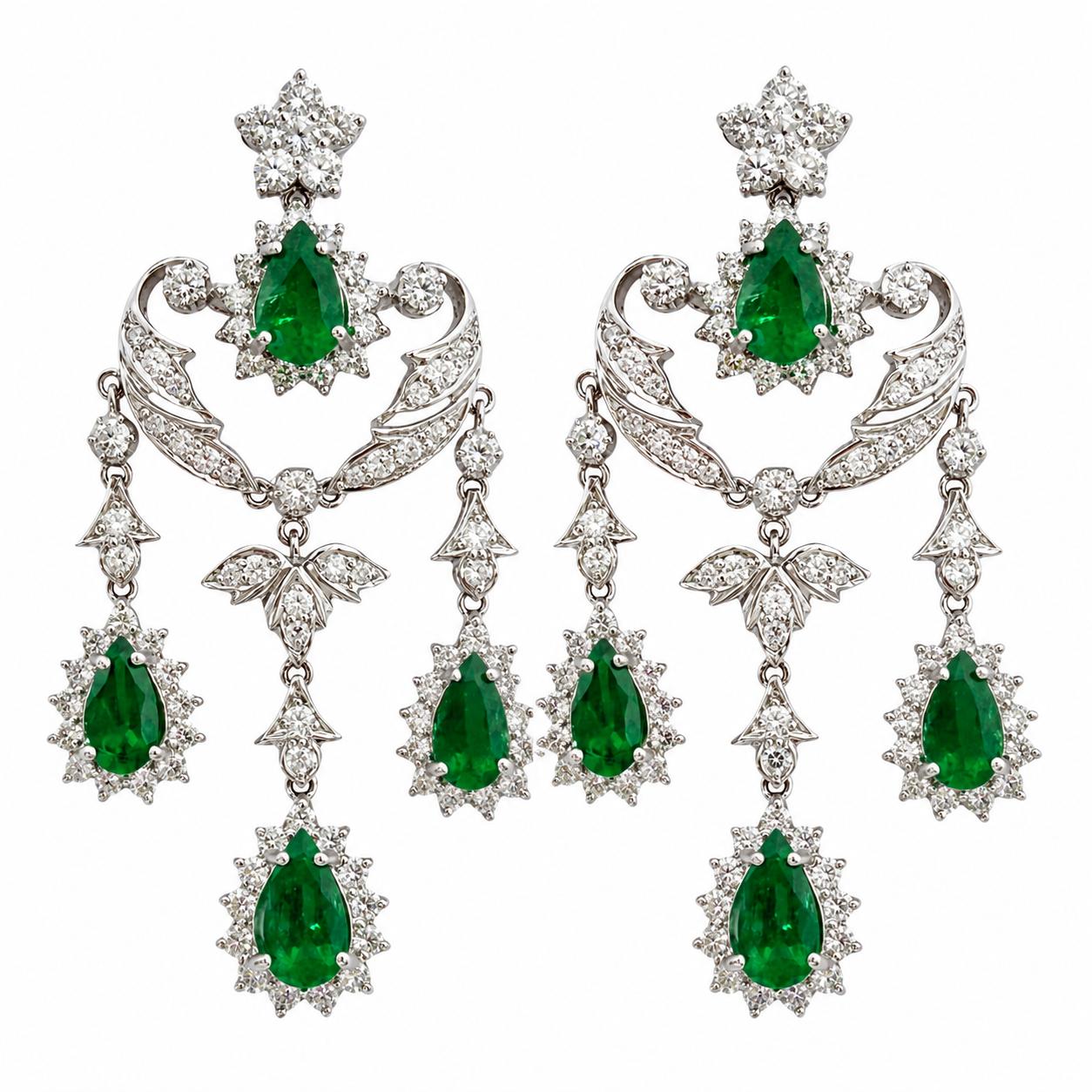 Vintage Inspired 18K 5.93 Carat Pear Cut Emerald and Diamond Drop Earrings