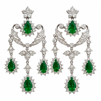 Vintage Inspired 18K 5.93 Carat Pear Cut Emerald and Diamond Drop Earrings