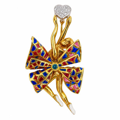 18K Yellow Gold Diamond and Enamel Ballerina Brooch