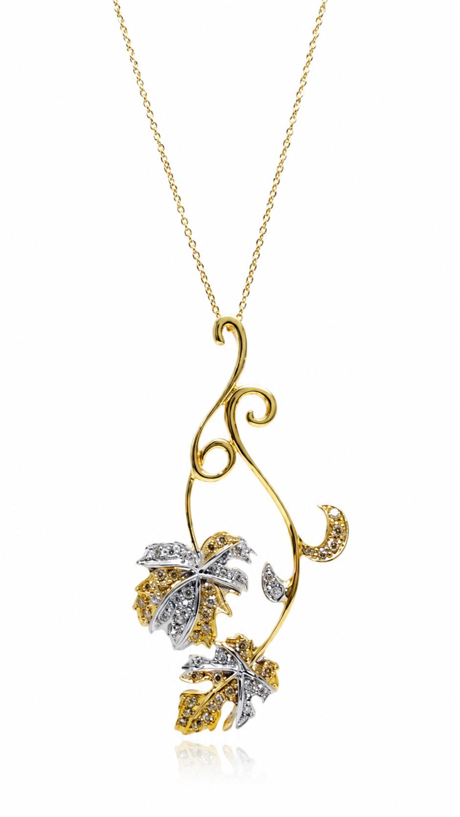18K Two Tone .69 Carat White and Yellow Diamond Leaf Pendant with 14K Chain