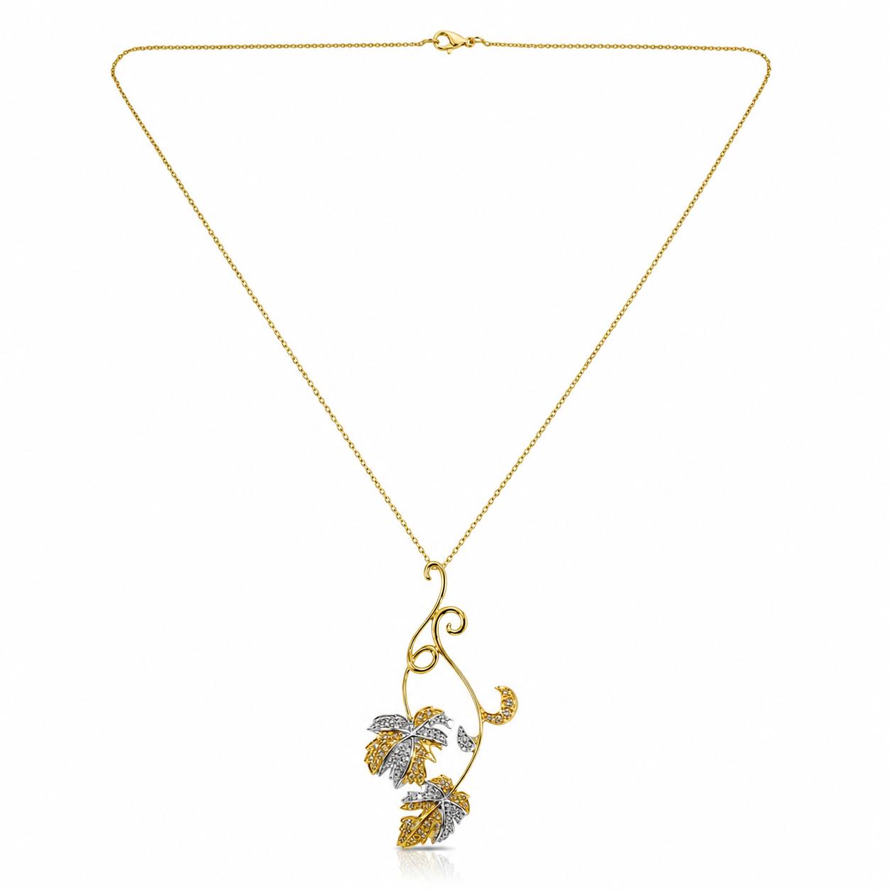 18K Two Tone .69 Carat White and Yellow Diamond Leaf Pendant with 14K Chain