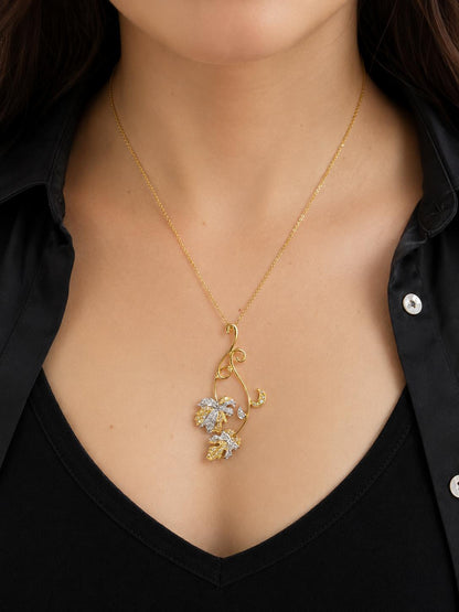 18K Two Tone .69 Carat White and Yellow Diamond Leaf Pendant with 14K Chain