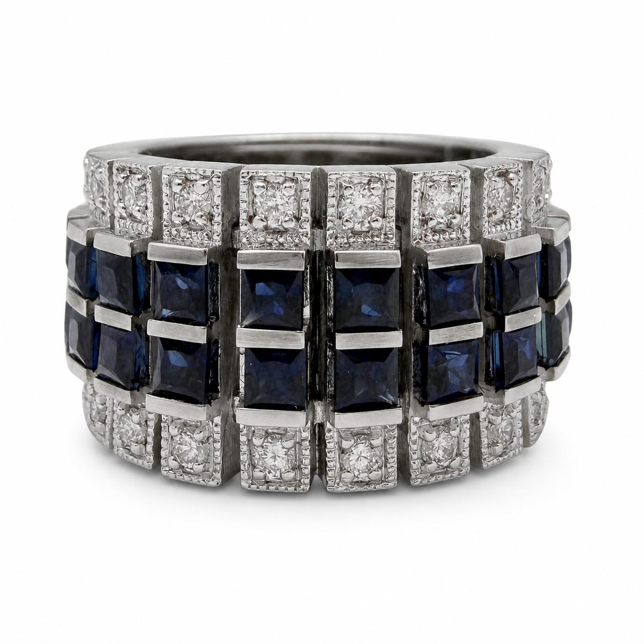 18K White Gold 2.61 Carat Sapphire and Diamond Wide Band Ring - Size 5.50