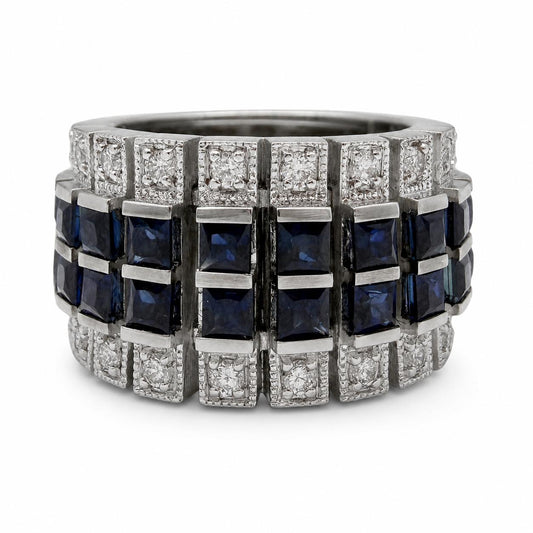 18K White Gold 2.61 Carat Sapphire and Diamond Wide Band Ring - Size 5.50