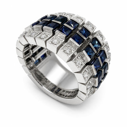 18K White Gold 2.61 Carat Sapphire and Diamond Wide Band Ring - Size 5.50