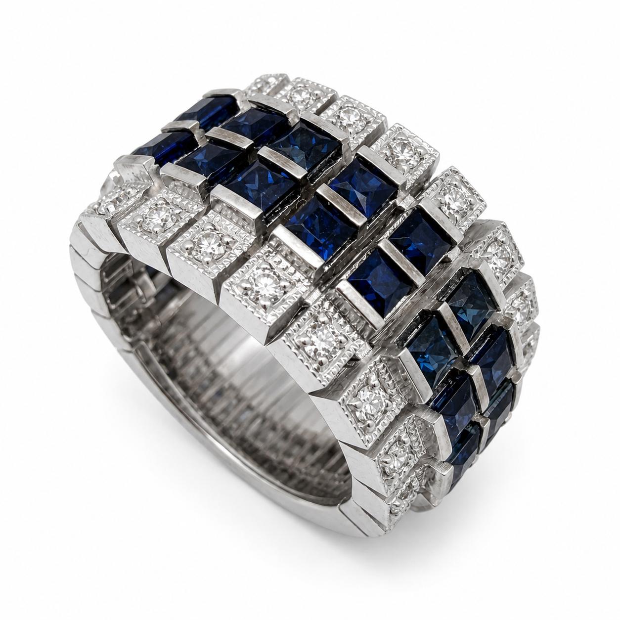 18K White Gold 2.61 Carat Sapphire and Diamond Wide Band Ring - Size 5.50