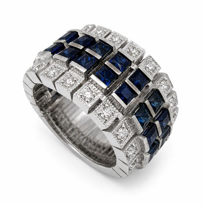 18K White Gold 2.61 Carat Sapphire and Diamond Wide Band Ring - Size 5.50