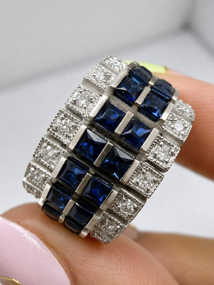 18K White Gold 2.61 Carat Sapphire and Diamond Wide Band Ring - Size 5.50