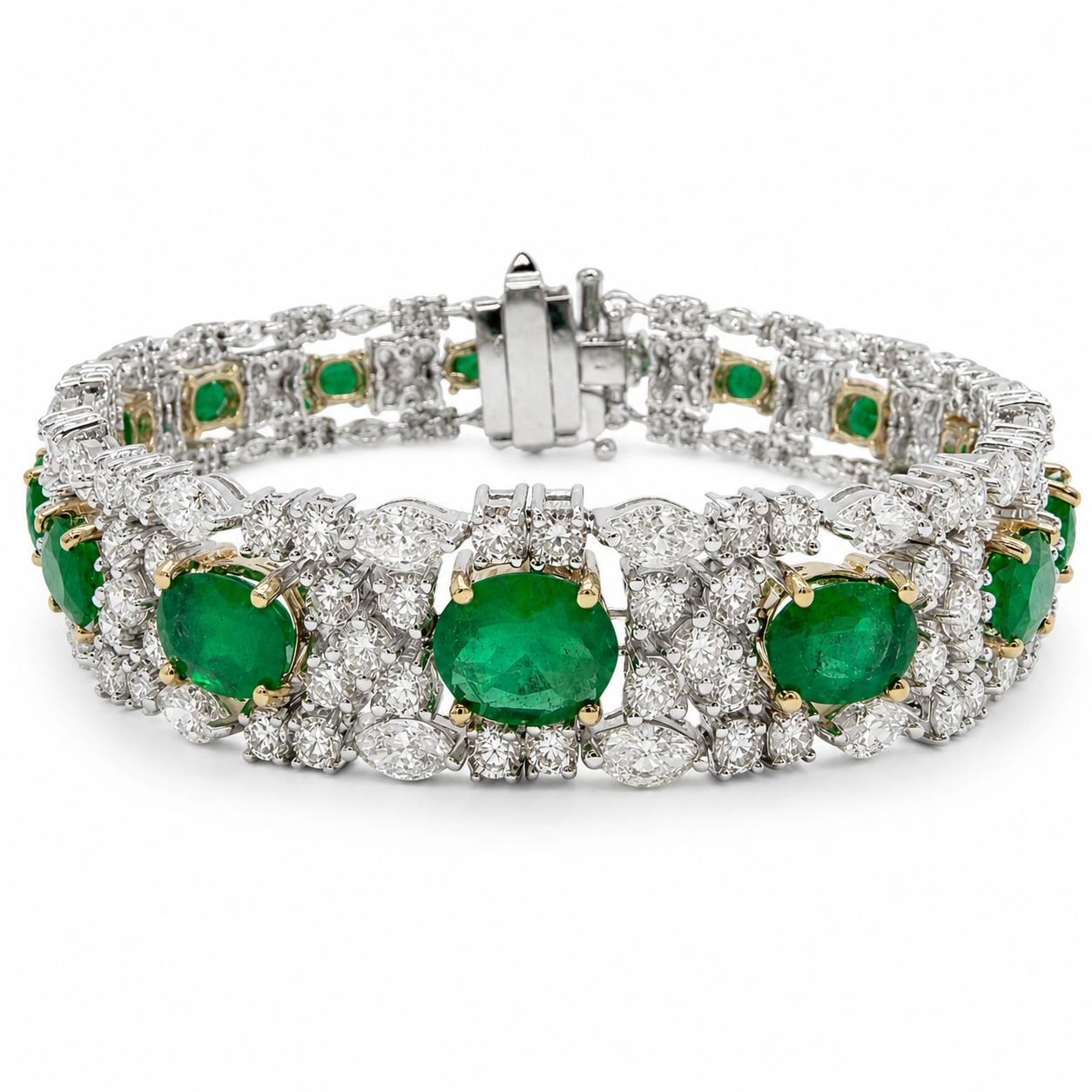 18K White Gold Diamond and Emerald Bracelet