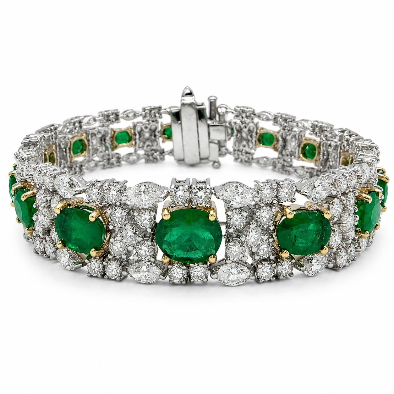 18K White Gold Diamond and Emerald Bracelet