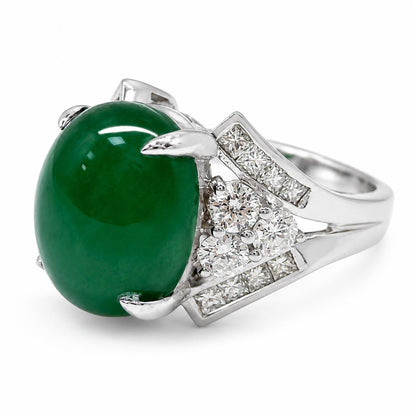 18K White Gold 5.19 Carat Cabochon Emerald and Diamond Ring