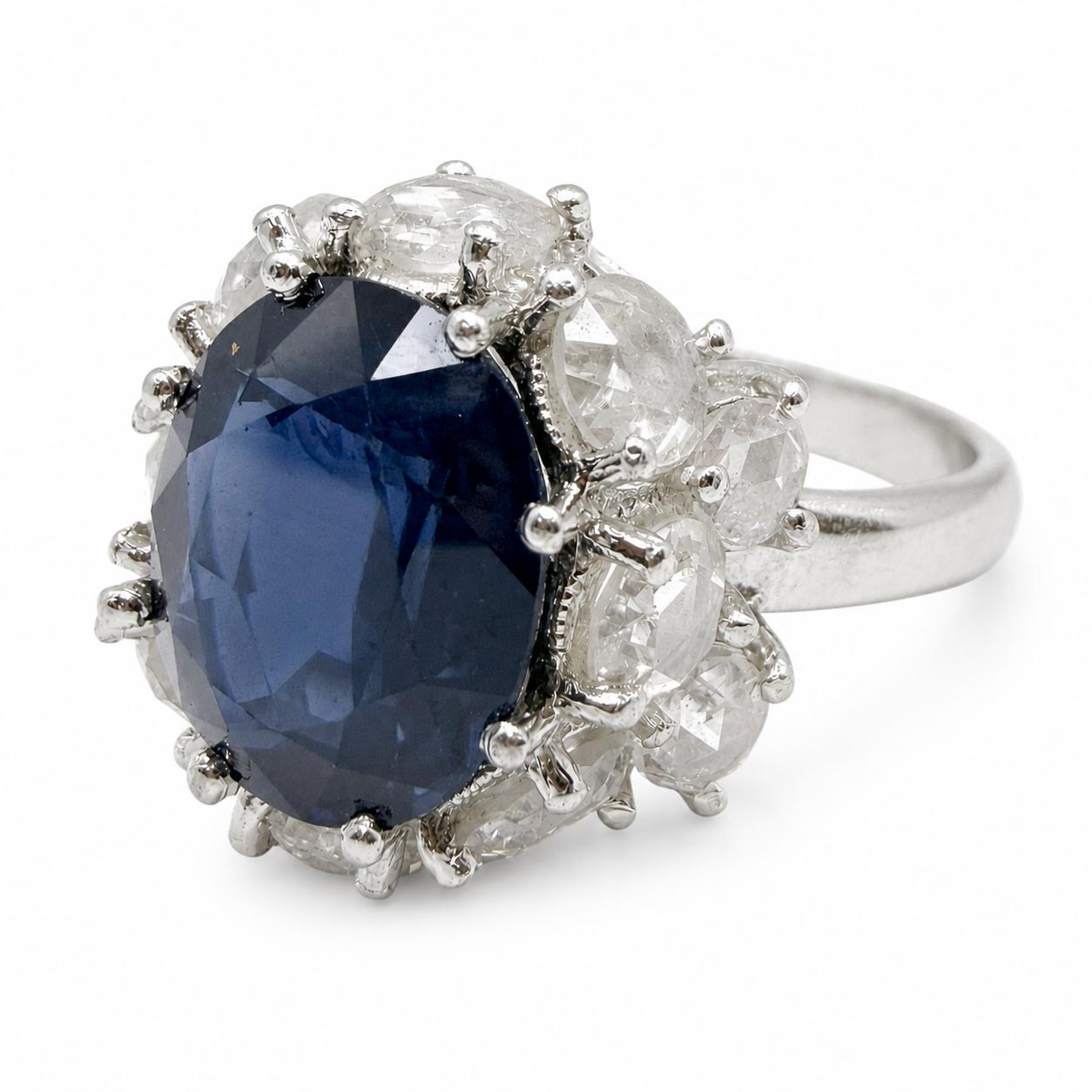 18K White Gold 4.64 Carat Sapphire and Rose Cut Diamond Ring