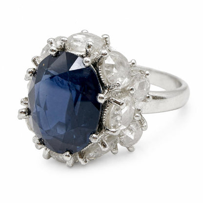 18K White Gold 4.64 Carat Sapphire and Rose Cut Diamond Ring
