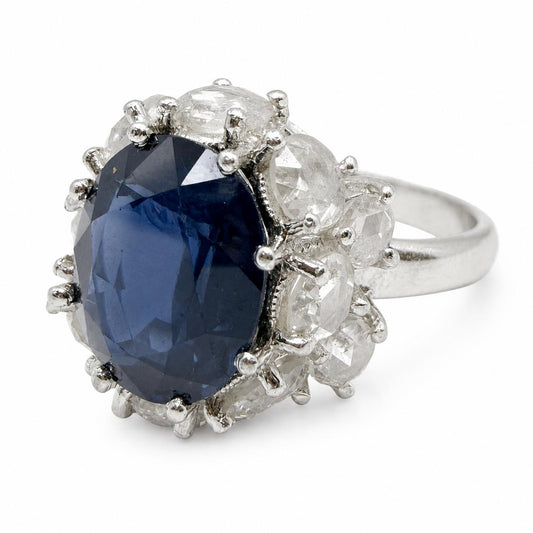 18K White Gold 4.64 Carat Sapphire and Rose Cut Diamond Ring