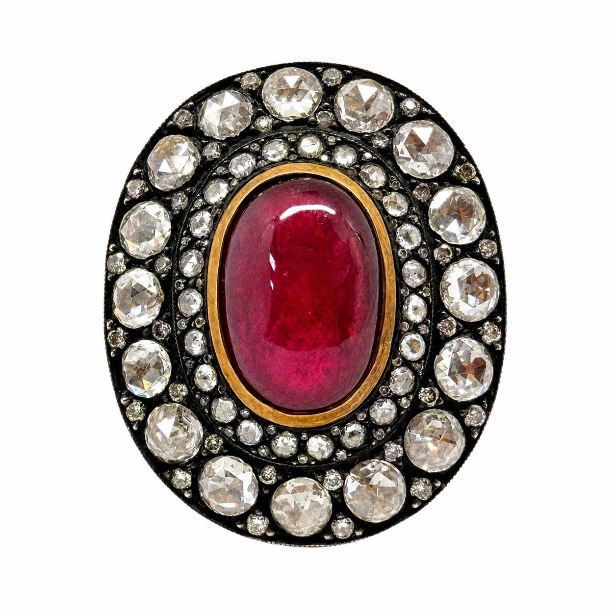 Vintage Inspired 18K 9.02 Carat African Ruby and Diamond Cocktail Ring
