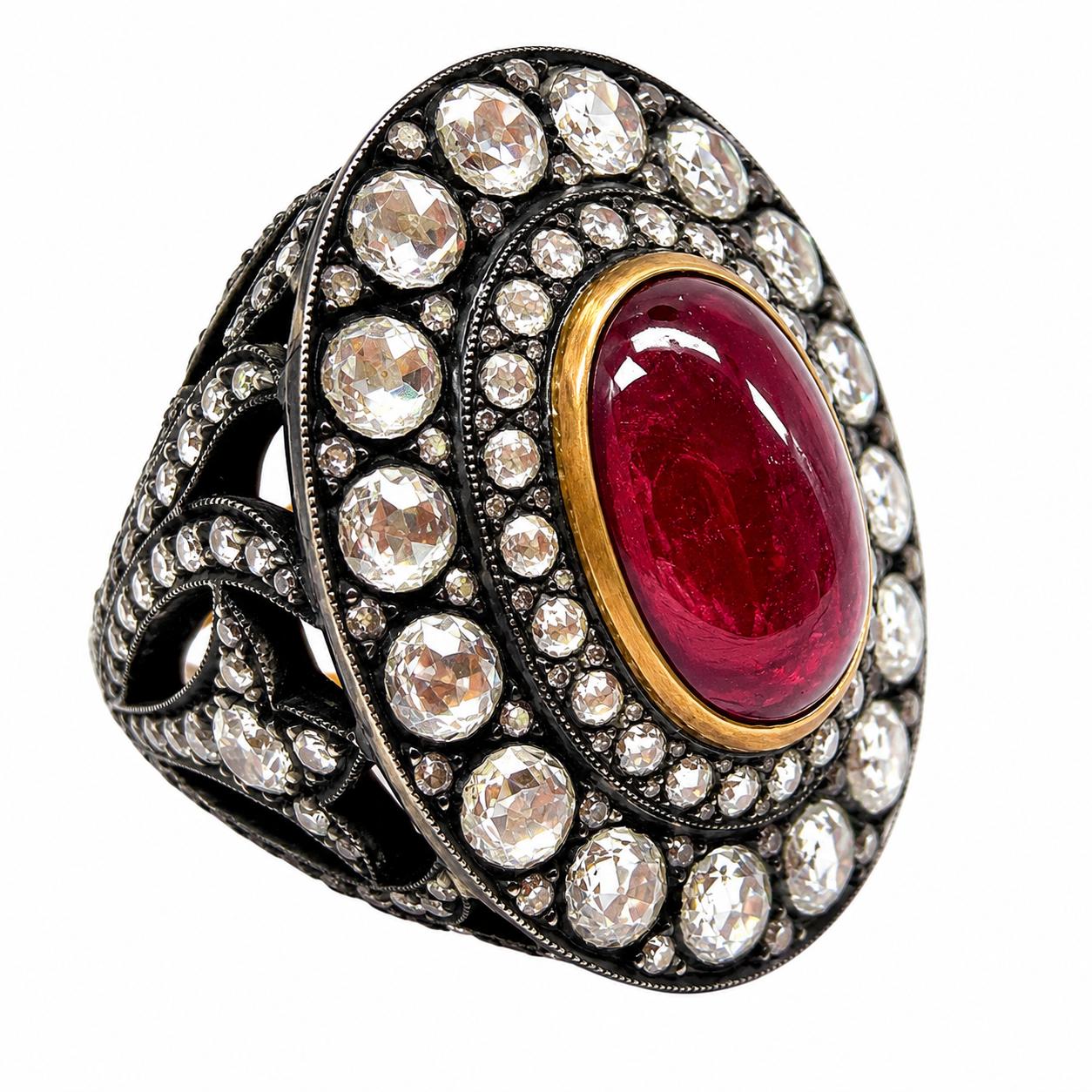 Vintage Inspired 18K 9.02 Carat African Ruby and Diamond Cocktail Ring