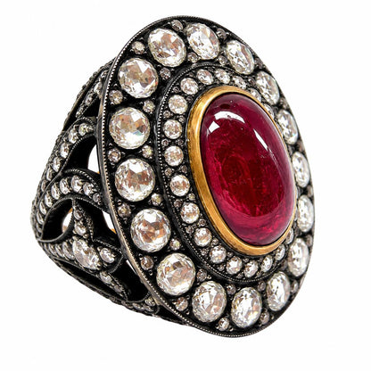 Vintage Inspired 18K 9.02 Carat African Ruby and Diamond Cocktail Ring