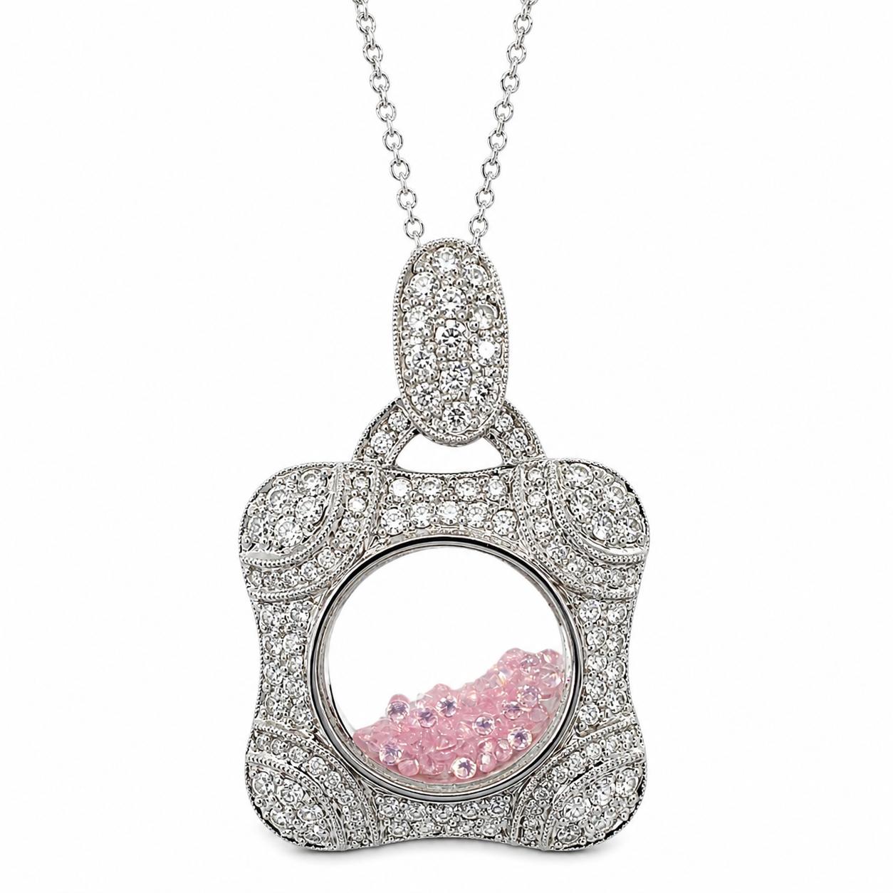 18K White Gold Diamond and Pink Sapphire Shaker Locket Pendant Necklace